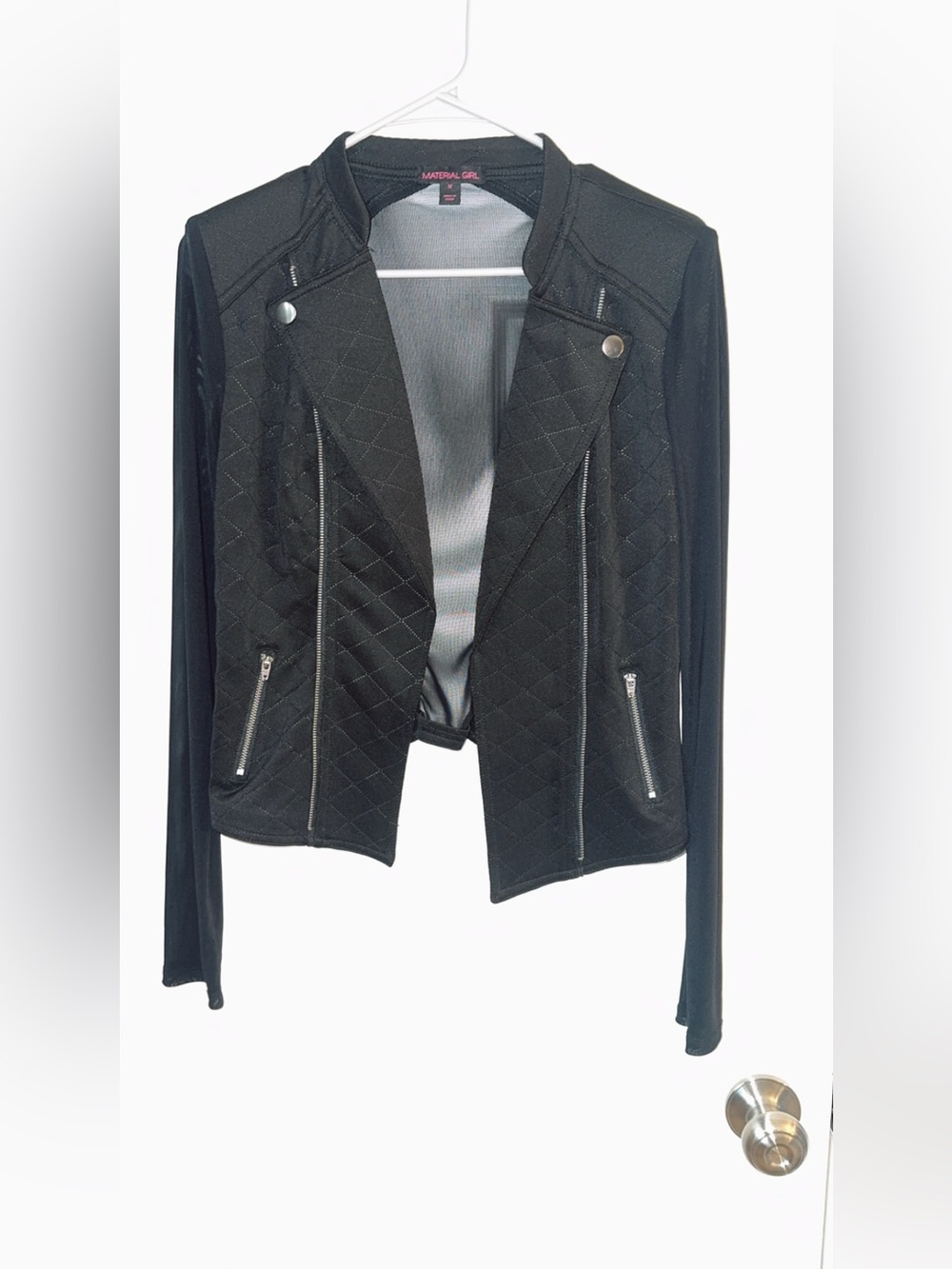 Material Girl Black Quilted Moto Jacket Mesh Sheer Sleeves Size M